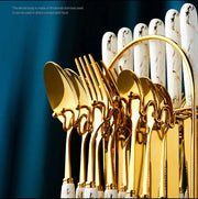 White Marblene Pattern Grip 24 Pcs Cutlery Set & Cutlery Holder