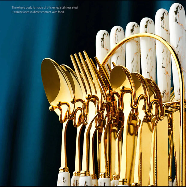 White Marblene Pattern Grip 24 Pcs Cutlery Set & Cutlery Holder