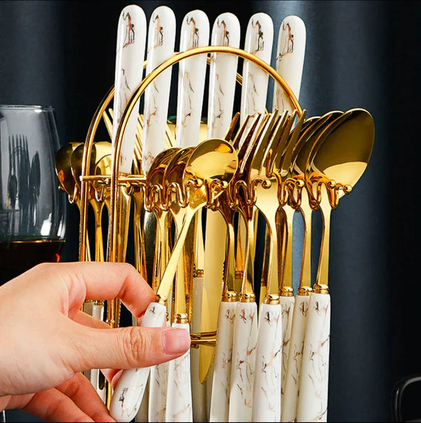 White Marblene Pattern Grip 24 Pcs Cutlery Set & Cutlery Holder