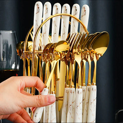 White Marblene Pattern Grip 24 Pcs Cutlery Set & Cutlery Holder