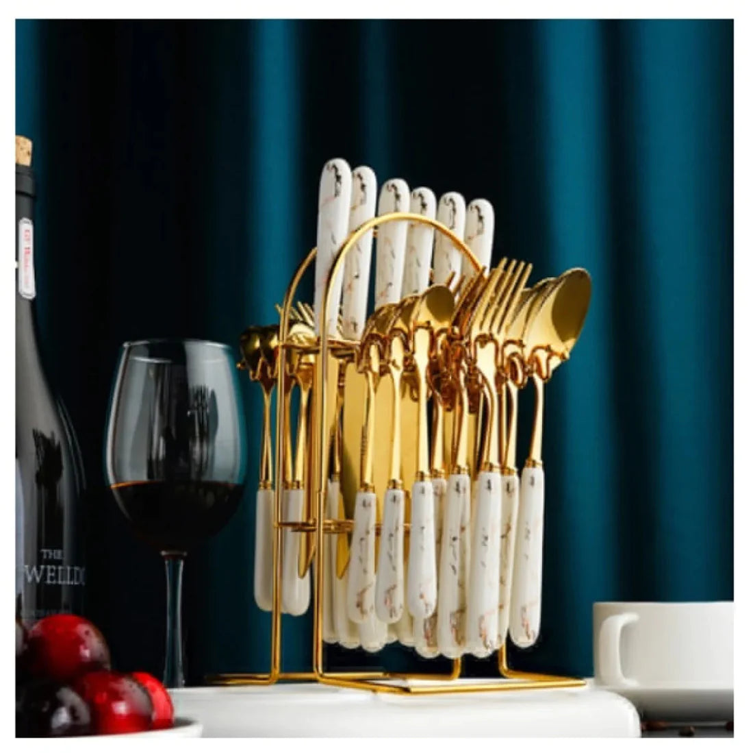 White Marblene Pattern Grip 24 Pcs Cutlery Set & Cutlery Holder