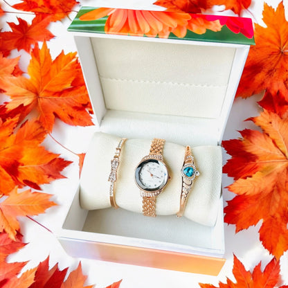 Premium Quality Gift Rose Gold Colour Watch Two Bracelet White Elegant And Blue Gem