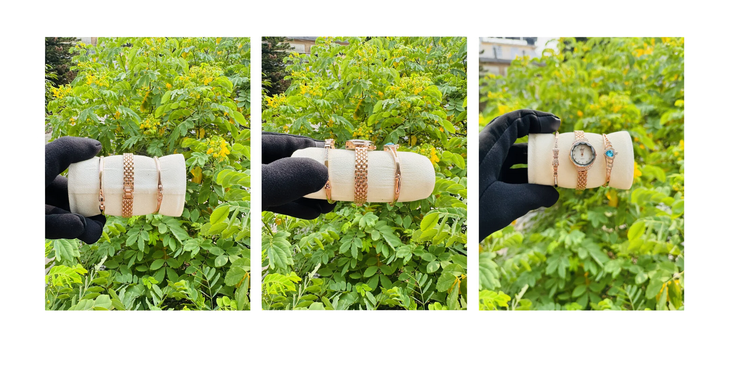 Premium Quality Gift Rose Gold Colour Watch Two Bracelet White Elegant And Blue Gem