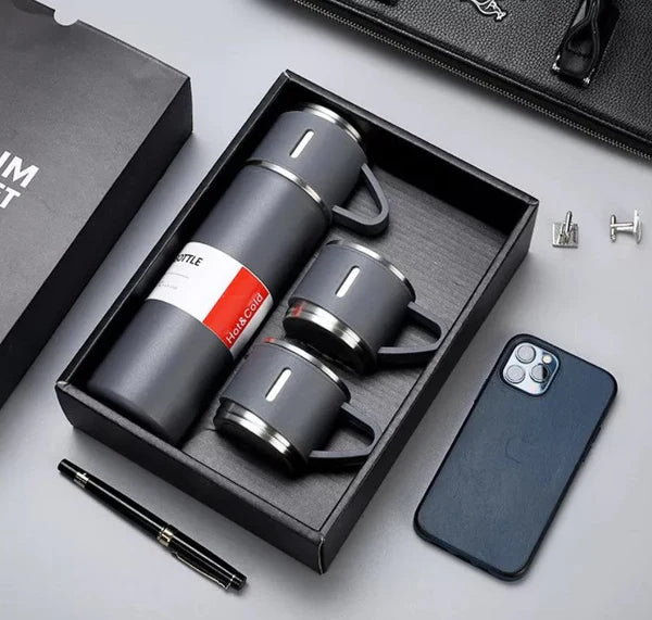 Stainless Steel Vacuum Flask Hot & Cold Thermos Bottle With 3 Cups